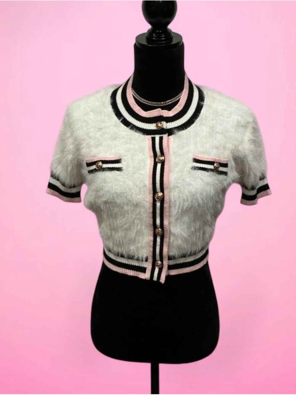 🌸White Faux-Fur Cropped Top with Pink & Black Trim